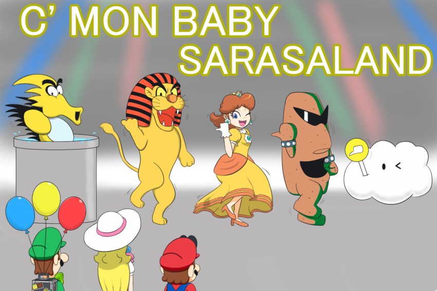 2boys 2girls balloon biokinton blonde_hair blue_eyes brown_hair cloud crown dancing dragonzamasu dress earrings fangs fish flower_earrings frilled_dress frills gloves grin hand_up happy hat hiyoihoi jewelry king_totomesu kinngutotomesu kirihoshi legs light long_hair luigi mario mario_(series) multiple_boys multiple_girls nintendo one_eye_closed open_mouth paokinntonn princess_daisy princess_peach seahorse short_hair smile sphinxes sunglasses super_mario_bros._1 super_mario_land super_mario_odyssey tomboy white_gloves wink yellow_dress