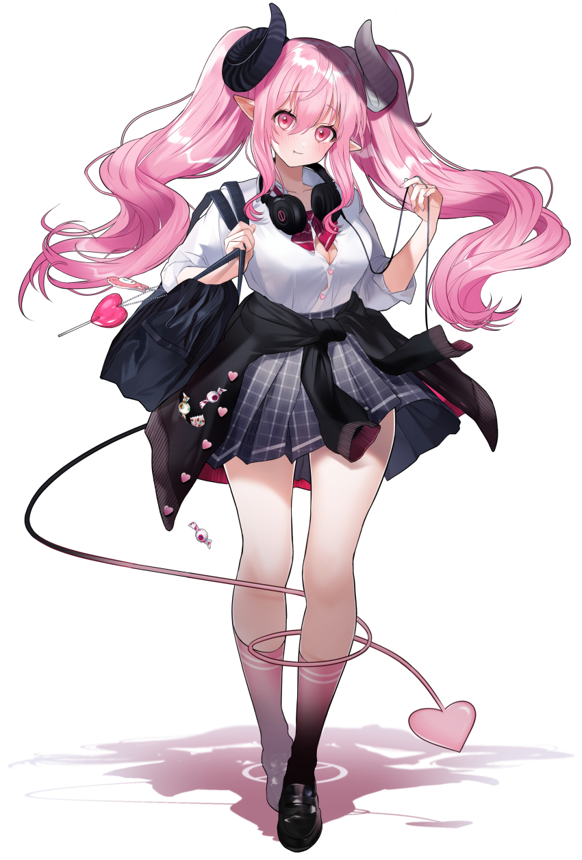 1girl absurdres bag black_shoes black_sweater blush bow bowtie breasts bursting_breasts button_gap candy cardigan carrying closed_mouth clothes_around_waist demon_girl demon_horns demon_tail diagonal_stripes double_horizontal_stripe fang food full_body grey_skirt head_tilt headphones headphones_around_neck heart highres horns large_breasts loafers long_hair long_sleeves looking_at_viewer miniskirt original pink_eyes pink_hair pink_socks plaid_clothes plaid_skirt pleated_skirt pointy_ears pomu_(pomu_me) red_bow red_bowtie school_bag school_uniform shadow shirt shoes simple_background single_horizontal_stripe skirt sleeves_rolled_up smile socks solo standing striped_bow striped_bowtie striped_clothes sweater sweater_around_waist tail twintails virgin_bitch_gal white_background white_shirt