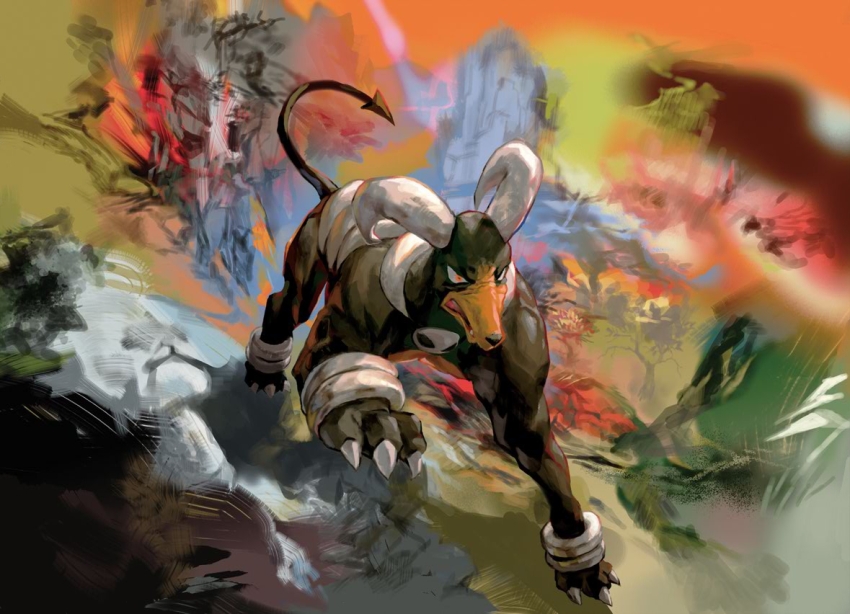 animal_focus demon_tail gen_2_pokemon horns houndoom kawaguchi_youhei nintendo no_humans official_art open_mouth orange_eyes pokemon pokemon_(creature) pokemon_focus pokemon_tcg solo tail third-party_source