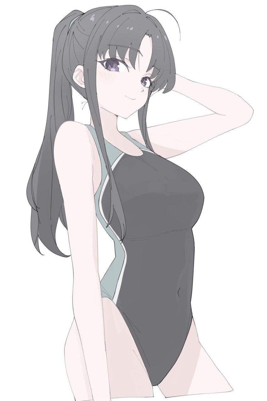 1girl ahoge arm_up awa_subaru black_hair black_one-piece_swimsuit breasts closed_mouth commentary competition_swimsuit covered_navel girls_band_cry hair_intakes highres large_breasts lone_nape_hair long_hair looking_at_viewer n_nai_nai_n one-piece_swimsuit parted_lips ponytail purple_eyes sidelocks simple_background solo swimsuit white_background