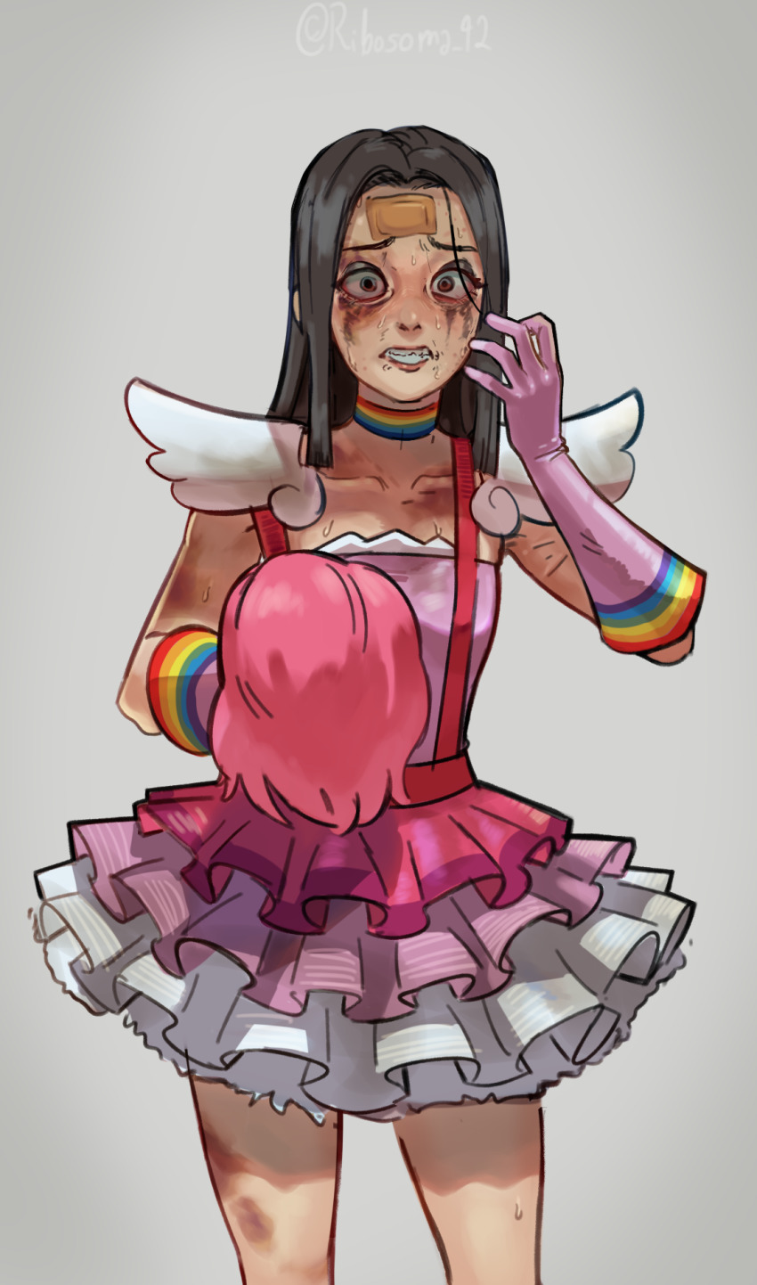 1girl ace_attorney black_hair breasts capcom clown clown_girl disgust dress eyeshadow geiru_toneido highres long_hair makeup phoenix_wright:_ace_attorney_-_spirit_of_justice pink_dress rainbow ribosoma_42 sad simple_background small_breasts solo suspenders suspenders_gap sweat wig unworn_wig