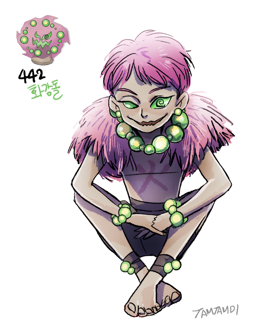 1boy @_@ bead_bracelet bead_necklace beads bracelet creature_and_personification earrings full_body game_freak gen_4_pokemon highres jewelry knees_up looking_at_viewer male_focus necklace nintendo open_mouth personification pink_hair pokemon pokemon_(creature) reference_inset short_hair signature simple_background sitting spiritomb tamtamdi toenails translated white_background