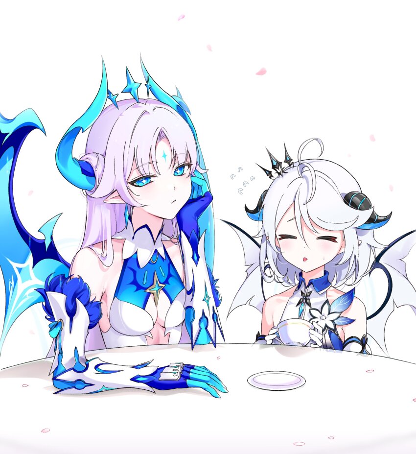 &gt;_&lt; 2girls absurdres antenna_hair bare_shoulders blue_eyes blue_gloves breasts cleavage cleavage_cutout closed_eyes closed_mouth clothing_cutout cup demon_girl demon_horns demon_wings detached_sleeves elsword emptiness_(elsword) facial_mark forehead_mark gloves hand_up highres holding holding_cup horns ishtar_(elsword) long_hair long_sleeves looking_at_viewer luciela_r._sourcream medium_breasts multiple_girls parted_bangs pointy_ears shirt short_hair simple_background sleeveless sleeveless_shirt sparkling_eyes tanjel tiara tongue tongue_out white_background white_hair white_shirt wings