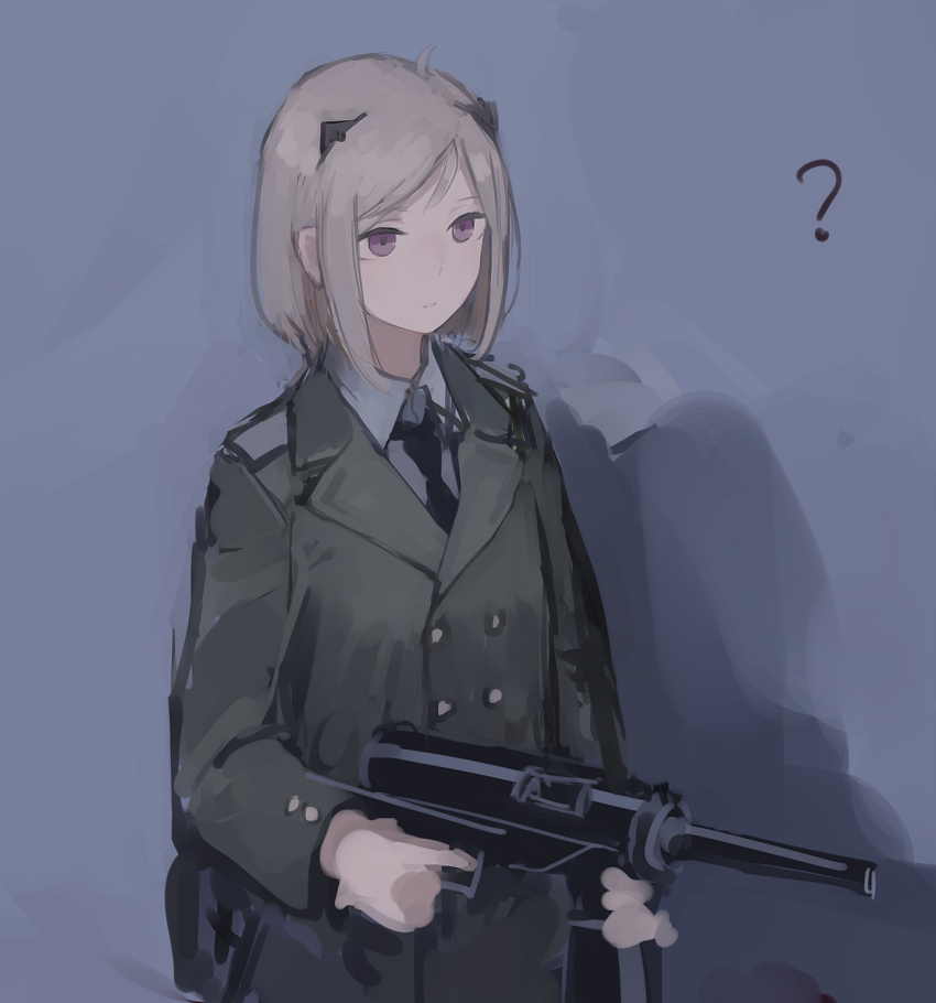 1girl ? black_necktie blonde_hair collared_shirt female_focus girls&#039;_frontline green_jacket gun hair_ornament highres holding holding_weapon jacket m3_(girls&#039;_frontline) m3_submachine_gun name_connection necktie object_namesake purple_eyes rampart1028 shirt short_hair solo submachine_gun upper_body weapon