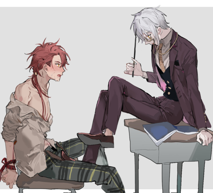 2boys arm_support bare_shoulders bdsm black_pants blush bound bound_wrists chair collared_shirt crossed_legs desk formal_clothes from_side grey_background grey_hair hair_between_eyes low_ponytail mahoutsukai_no_yakusoku male_focus multiple_boys necktie off_shoulder on_chair on_desk open_clothes pants partially_unbuttoned plaid_clothes plaid_pants ponytail qyzhiaiyisheng red_hair school_desk shirt short_hair simple_background sitting unbuttoned vest
