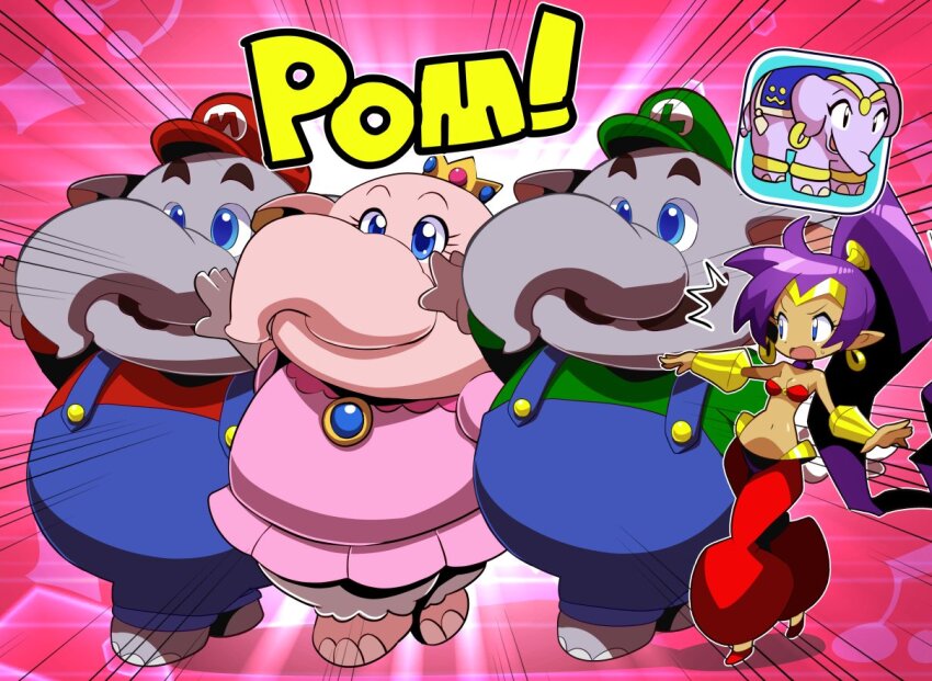 2boys 2girls arabian_clothes blue_eyes bracer breasts cleavage crossover dancing dress elephant_luigi elephant_mario elephant_peach facial_hair luigi mario mario_(series) medium_breasts multiple_boys multiple_girls mustache nintendo overalls pink_dress pointy_ears power_connection princess_peach purple_hair sakurajyousui_nami shantae shantae_(series) super_mario_bros._wonder trait_connection