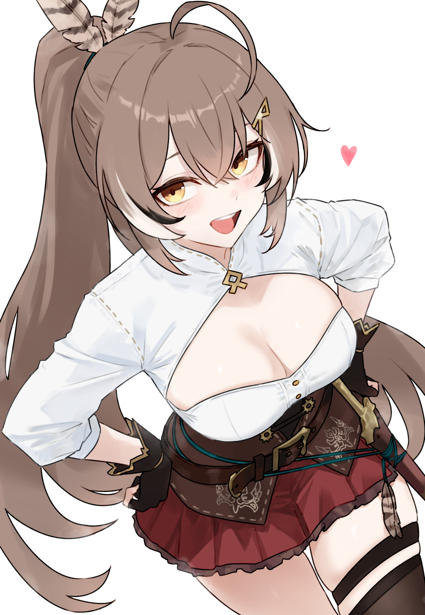 1girl :d absurdres ahoge archery_shooting_glove belt black_gloves bluefield breasts brown_corset brown_eyes brown_hair cleavage cleavage_cutout clothing_cutout commentary corset crossed_bangs dagger double-parted_bangs feather_hair_ornament feathers gloves hair_between_eyes hair_ornament hairclip hand_on_own_hip heart high_collar highres hololive hololive_english knife long_hair looking_at_viewer medium_breasts miniskirt multicolored_hair nanashi_mumei nanashi_mumei_(1st_costume) open_mouth partially_fingerless_gloves pleated_skirt red_skirt sheath sheathed shirt simple_background single_thighhigh skindentation skirt smile solo split_ponytail streaked_hair teeth thigh_strap thighhighs three-quarter_sleeves underbust upper_teeth_only very_long_hair virtual_youtuber weapon white_background white_shirt