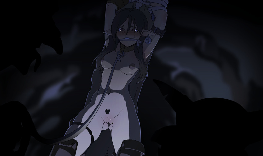 1girl 2boys absurdres bdsm blurry blurry_background blush bondage boots bound bound_arms breasts brown_eyes brown_hair cave cloth_gag collar cowboy_shot dark-skinned_female dark_skin earrings elf female_focus female_pubic_hair gag gagged goblin highres imminent_rape improvised_gag jewelry leash long_hair long_nose long_pointy_ears looking_at_another medium_breasts multiple_boys navel nipples nude number_tag original pointy_ears pubic_hair pussy scar scar_across_eye scar_on_face shiny_skin shirami silhouette slave stake tag tears thigh_boots tied_to_stake tongue tongue_out uncensored