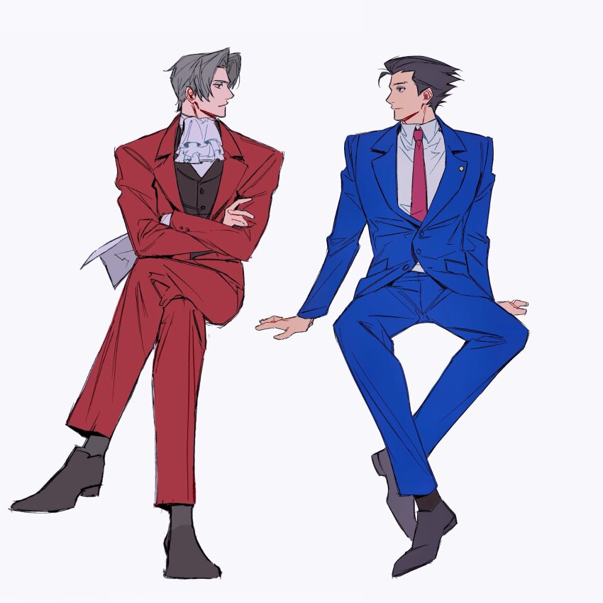 absurdres ace_attorney ascot black_hair black_shoes black_socks black_vest blue_jacket blue_suit brown_eyes chinese_commentary closed_mouth collared_shirt commentary_request crossed_arms crossed_legs curtained_hair dress_shoes eye_contact formal_clothes grey_hair highres holding holding_paper jacket kkim52 lapels long_sleeves looking_at_another male_focus miles_edgeworth necktie notched_lapels paper phoenix_wright profile red_jacket red_necktie red_suit shirt shoes short_hair sideburns simple_background socks suit suit_jacket vest white_ascot white_background white_shirt wing_collar