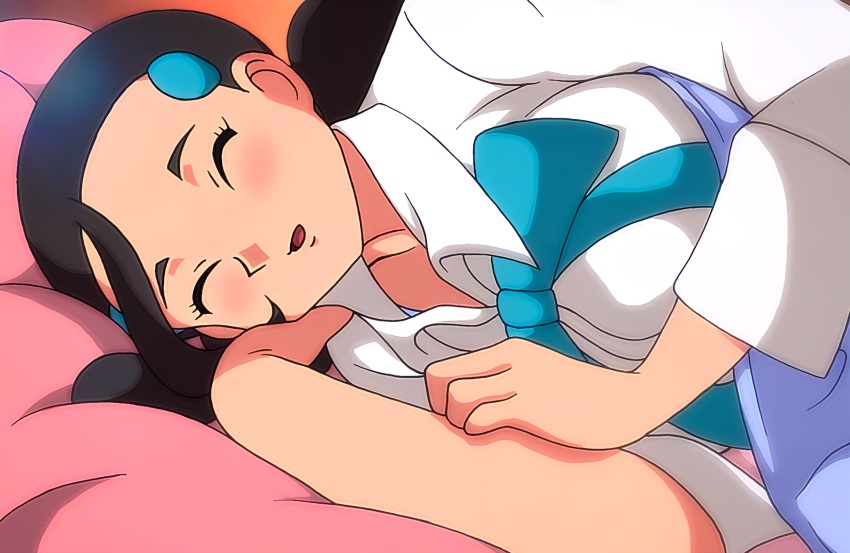 1girl absurdres black_hair blush breasts candice_(pokemon) closed_eyes from_side highres large_breasts long_hair multi-tied_hair nintendo on_bed pokemon pokemon_dppt sleeping tekken_papiyon