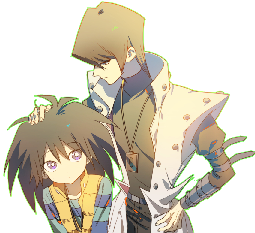 2boys arm_belt black_hair black_pants black_shirt blue_shirt brothers brown_hair brown_vest closed_mouth coat commentary_request height_difference high_collar highres hug kaiba_mokuba kaiba_seto light_smile long_hair long_sleeves male_focus moemoenomori multiple_boys pants purple_eyes shirt short_hair siblings simple_background sleeveless sleeveless_coat striped_clothes striped_shirt upper_body vambraces vest white_background white_coat yu-gi-oh! yu-gi-oh!_duel_monsters