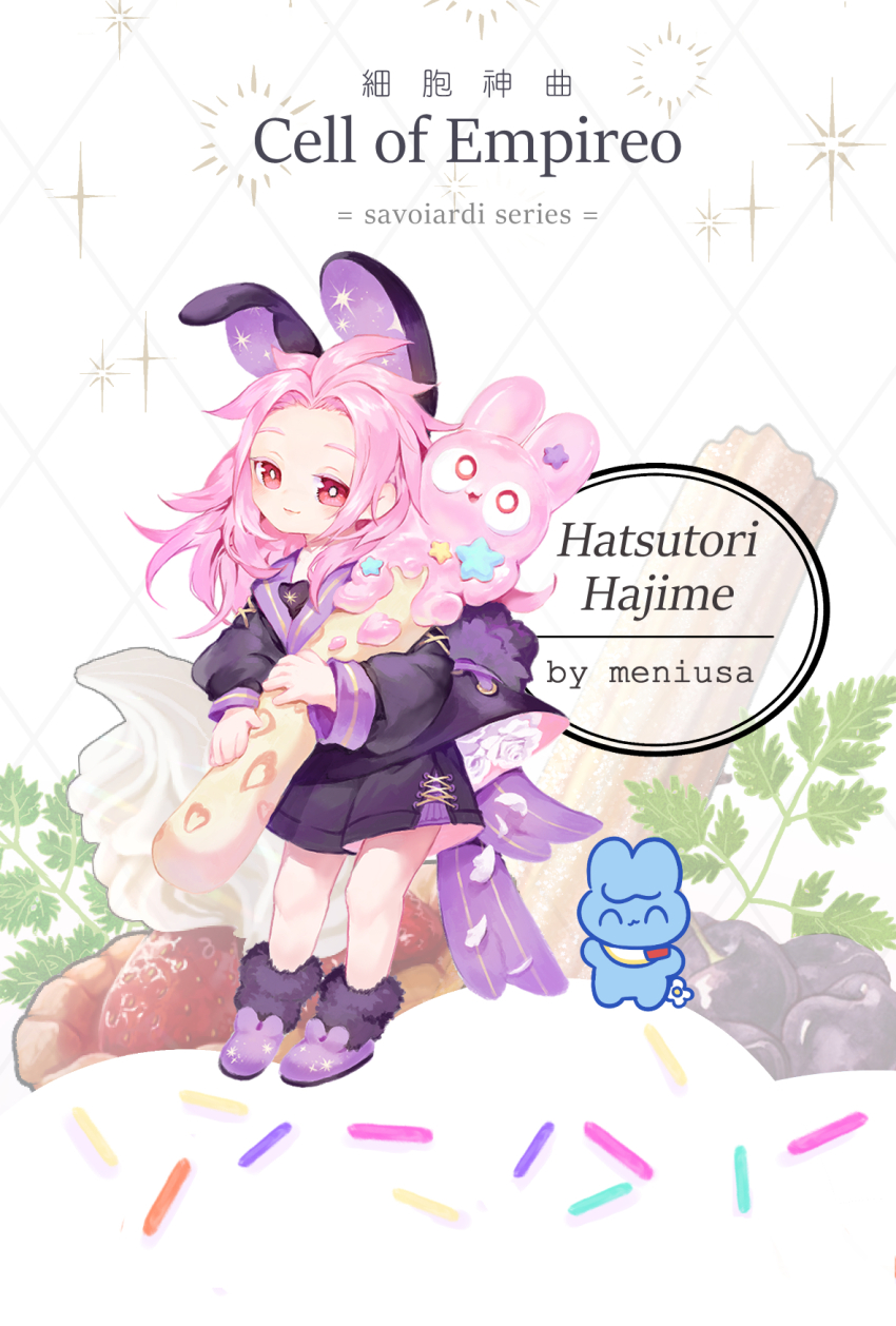 1boy alternate_costume animal_ears artist_name artist_self-insert black_shirt black_shorts black_socks bright_pupils character_name churro closed_mouth colored_eyelashes copyright_name cross-laced_clothes cross-laced_shorts fake_animal_ears flower food full_body fur_socks hatsutori_hajime highres holding holding_food long_hair long_sleeves male_focus meniusa_lau oversized_food oversized_object petals pink_hair purple_slippers purple_trim rabbit_ears rose saibou_shinkyoku shirt shorts slippers smile socks sparkle_print sprinkles white_flower white_petals white_pupils white_rose