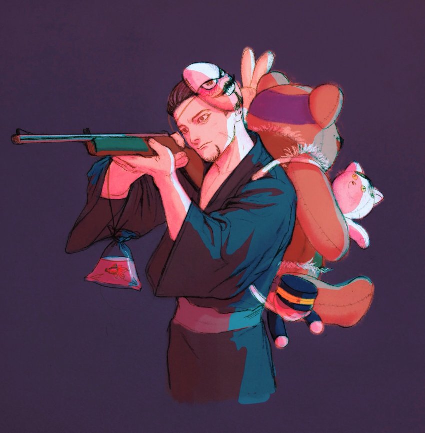 1boy aiming air_gun alternate_costume animal bag black_eyes black_hair black_hat black_kimono collarbone commentary_request facial_hair facial_scar fish golden_kamuy goldfish gun hair_slicked_back hair_strand hanazawa_yusaku hat highres holding holding_gun holding_weapon imperial_japanese_army japanese_clothes kepi kimono long_sleeves looking_away male_focus mask mask_on_head military military_hat military_uniform ogata_hyakunosuke plastic_bag purple_background rifle rolo_tomassi scar scar_on_cheek scar_on_face short_hair simple_background solo standing star_(symbol) stubble stuffed_animal stuffed_rabbit stuffed_toy teddy_bear toy tsurumi_tokushirou two-tone_headwear undercut upper_body weapon wide_sleeves yellow_hat