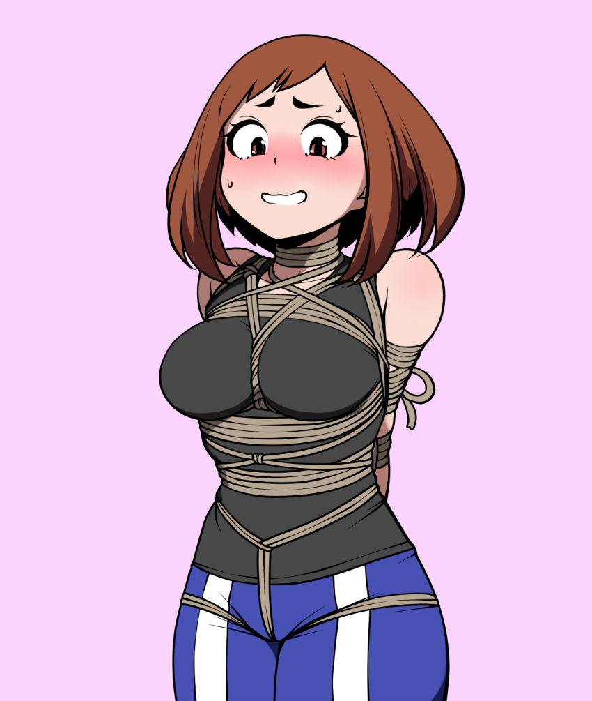 1girl arms_behind_back bare_shoulders bdsm boku_no_hero_academia bondage bound breasts brown_eyes brown_hair cameltoe cowboy_shot female_focus highres jam-orbital large_breasts looking_at_viewer pants pink_background restrained rope shibari shibari_over_clothes simple_background smile solo sweatdrop tank_top track_pants uraraka_ochako wavy_mouth