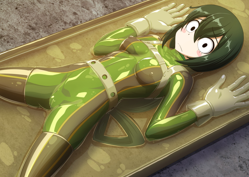 1girl asui_tsuyu bdsm belt black_eyes blush_stickers bodysuit boku_no_hero_academia bow-shaped_hair commentary_request covered_erect_nipples frown gloves green_bodysuit green_hair hair_rings harness highres latex long_hair looking_at_viewer lying on_back restrained sanpaku see-through_clothes skin_tight solo tamakko vacuum_bed