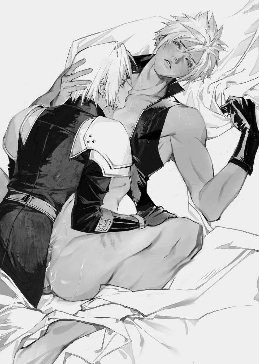2boys age_difference alina99liang arm_armor arm_up armor bed_sheet between_legs blush cloud_strife coat commentary cum cum_in_pussy cuntboy cuntboy_with_male final_fantasy final_fantasy_vii final_fantasy_vii:_advent_children final_fantasy_vii:_ever_crisis gloves greyscale half-closed_eyes hand_on_another&#039;s_head hand_on_another&#039;s_thigh height_difference highres licking_another&#039;s_chest lying male_focus monochrome multiple_boys nipples no_armor no_gloves no_pants on_back open_clothes open_vest pauldrons pussy sephiroth sephiroth_(ever_crisis) sex sheet_grab short_hair shoulder_armor spiked_hair spread_legs time_paradox toned toned_male upper_body vaginal vest
