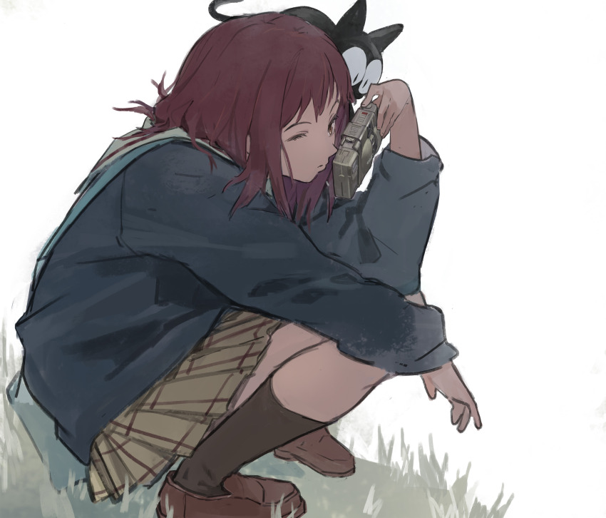 1girl absurdres animal black_cat black_socks blue_sweater brown_eyes brown_hair brown_shoes brown_skirt camera cat chenrong96 closed_mouth flcl from_side grass highres holding holding_camera kneehighs loafers long_sleeves medium_hair one_eye_closed pleated_skirt samejima_mamimi school_uniform shoes simple_background skirt socks solo squatting sweater takkun_(flcl) white_background