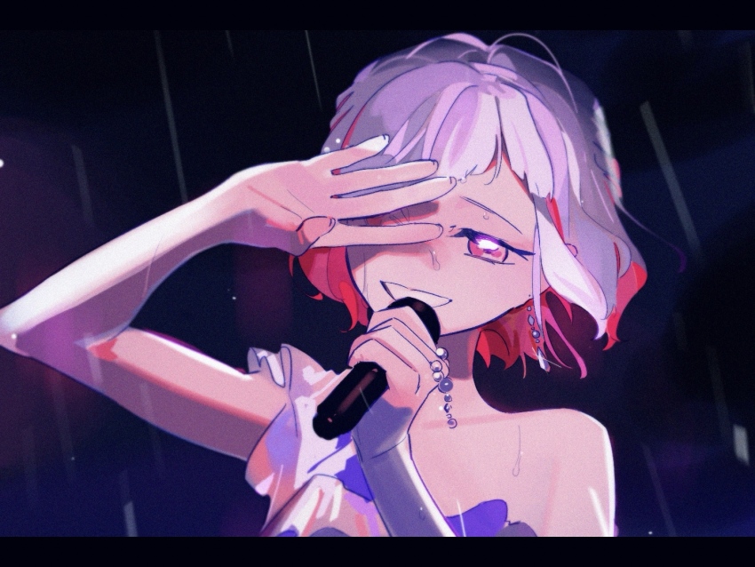 1girl arm_up braid collarbone colored_inner_hair commentary_request dress grey_hair grin hand_over_eye letterboxed link!_like!_love_live! love_live! multicolored_hair official_alternate_costume pipi_(m1x_mix) portrait rain red_eyes red_hair short_hair side_braid single-shoulder_dress single_bare_shoulder smile solo streaked_hair tsubasa_la_liberte virtual_youtuber yugiri_tsuzuri