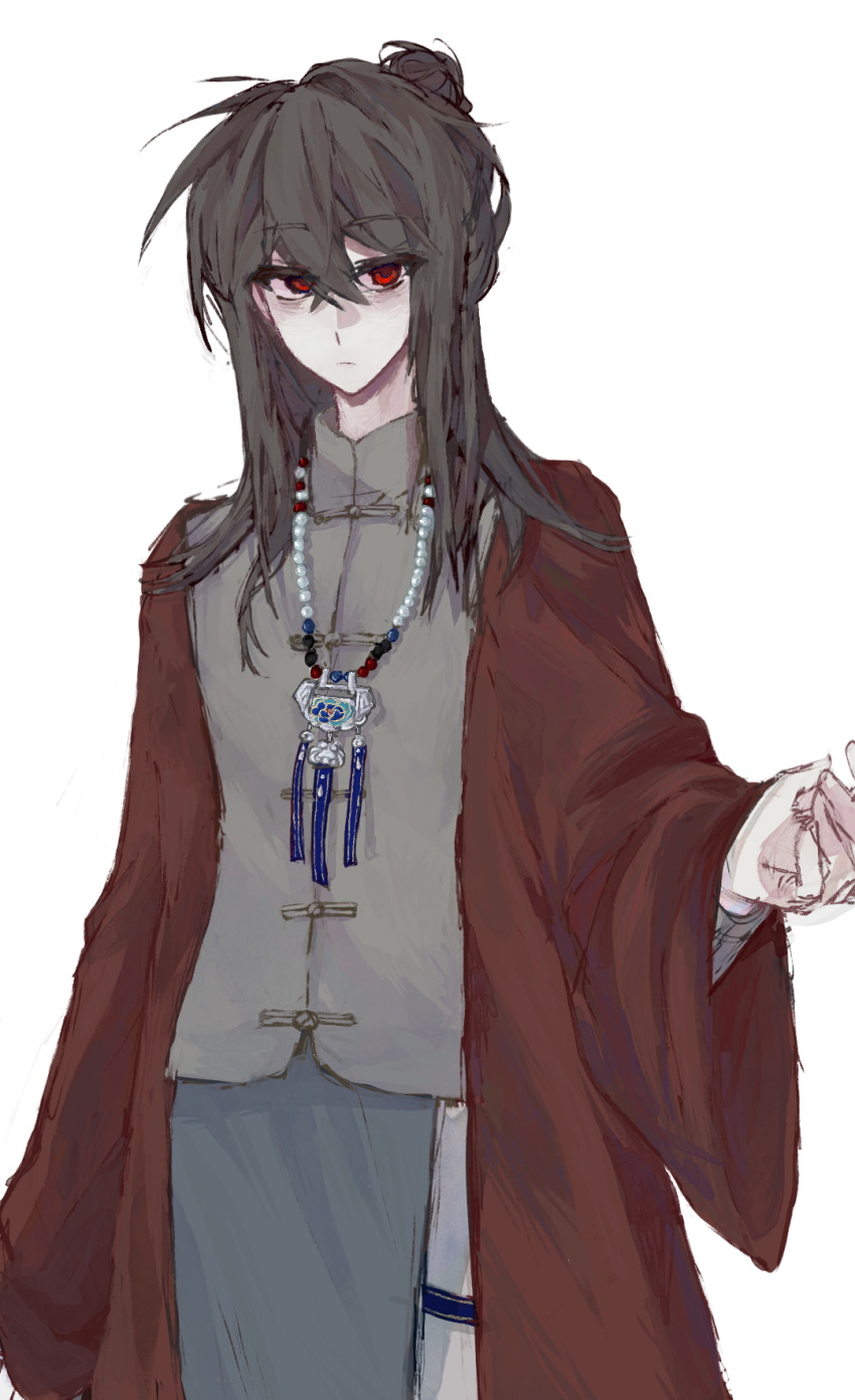 1boy alternate_costume bags_under_eyes bead_necklace beads black_hair brown_hair chinese_clothes chinese_commentary closed_mouth coat cowboy_shot dao_gui_yi_xian expressionless grey_hanfu grey_pants hair_between_eyes hair_bun half_updo hand_up hanfu highres jewelry li_huowang long_hair long_sleeves looking_at_viewer male_focus neck_tassel necklace open_clothes open_coat pants red_coat red_eyes robe side_slit simple_background single_hair_bun solo tassel thigh_strap transparent_background wide_sleeves yizhikafei