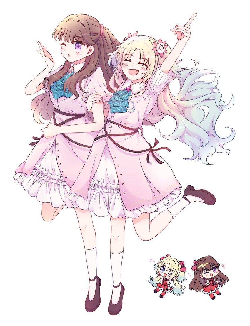 &gt;_o 2girls 4th_live_dream_~bloom_the_dream_believers~ :d ;d ;o absurdres ascot blonde_hair blowing_kiss blue_ascot blue_hair breasts brown_hair chibi chibi_inset commentary_request do!_do!_do!_(love_live!) dream_believers dress floating_hair flower flower_stand_art frilled_ascot frilled_dress frills fujishima_megumi full_body hair_flower hair_ornament highres holding_another&#039;s_arm index_finger_raised large_breasts leg_up link!_like!_love_live! long_hair looking_at_viewer love_live! medium_breasts medium_dress mira-cra_park! multiple_girls multiple_views official_alternate_costume one_eye_closed open_mouth osawa_rurino pink_dress pink_flower purple_eyes short_sleeves simple_background smile socks standing standing_on_one_leg two_side_up virtual_youtuber watage_modoki white_background white_socks