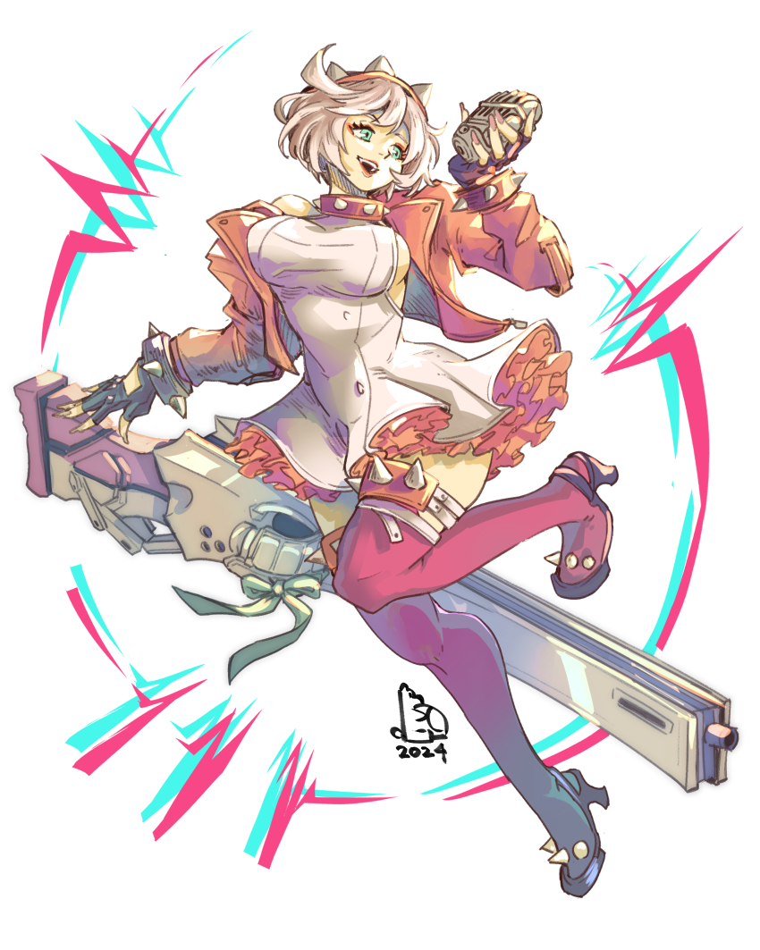 1girl absurdres ahoge black_gloves boots bracelet breasts collar dress elphelt_valentine fingerless_gloves frilled_dress frills gloves green_eyes guilty_gear guilty_gear_strive gun hairband highres holding holding_gun holding_microphone holding_weapon huge_ahoge jacket jewelry large_breasts looking_to_the_side microphone open_mouth piccolourme pink_boots pink_dress pink_hairband pink_jacket short_hair sideboob smile spiked_bracelet spiked_collar spiked_hairband spikes standing standing_on_one_leg thigh_boots two-tone_dress weapon white_dress white_hair