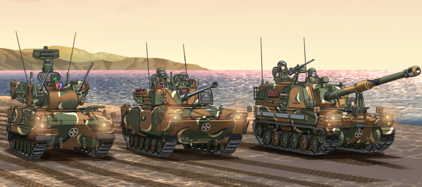 5others ambiguous_gender anti-aircraft anti-aircraft_gun browning_m2 caterpillar_tracks combat_helmet emblem goggles goggles_on_headwear gun headphones heavy_machine_gun helmet highres howitzer k21 k30_biho k9_thunder machine_gun mikeran_(mikelan) military military_combat_uniform military_uniform military_vehicle motor_vehicle mountain multiple_others ocean original outdoors radio_antenna republic_of_korea_army self-propelled_anti-aircraft-gun self-propelled_artillery self-propelled_gun tank twilight vehicle_focus water weapon