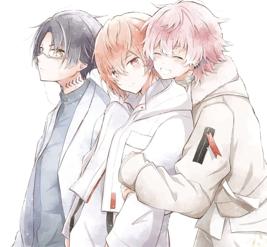 1nm8_(paradox_live) 3boys black_hair blush closed_eyes closed_mouth fang grey_background grey_hair hari_nyan_nyan highres hug hug_from_behind itsuki_(paradox_live) looking_at_viewer male_focus miyama_kei multicolored_hair multiple_boys open_mouth orange_eyes orange_hair paradox_live pink_hair rokuta_(paradox_live) smile yellow_eyes
