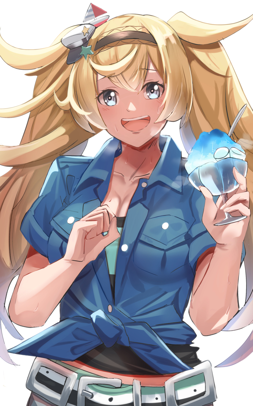 1girl absurdres blonde_hair blue_eyes blue_shirt breast_pocket breasts collared_shirt daweykun food gambier_bay_(kancolle) gambier_bay_(summer)_(kancolle) hairband highres kantai_collection large_breasts long_hair official_alternate_costume pocket shaved_ice shirt short_sleeves solo tied_shirt twintails upper_body