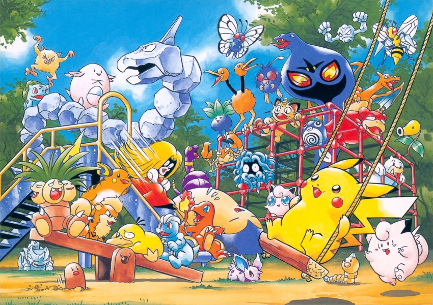 6+others absurdres aihara_kazunori animal_focus arbok arm_support beedrill bellsprout blue_sky bug bulbasaur butterfree chansey charizard claws clefairy day diglett doduo dragon ekans exeggutor fangs game_freak gen_1_pokemon geodude growlithe highres jigglypuff jynx krabby looking_afar looking_at_another looking_to_the_side lying machop mankey meowth multiple_others nidoran nidoran_(male) nintendo no_humans oddish official_art onix outdoors pikachu playing_games pokemon pokemon_(creature) poliwag psyduck raichu rhyhorn riding riding_pokemon seel sharp_teeth sitting sky sleeping slowpoke smile snorlax swing tail tangela teeth tree venonat weedle wings
