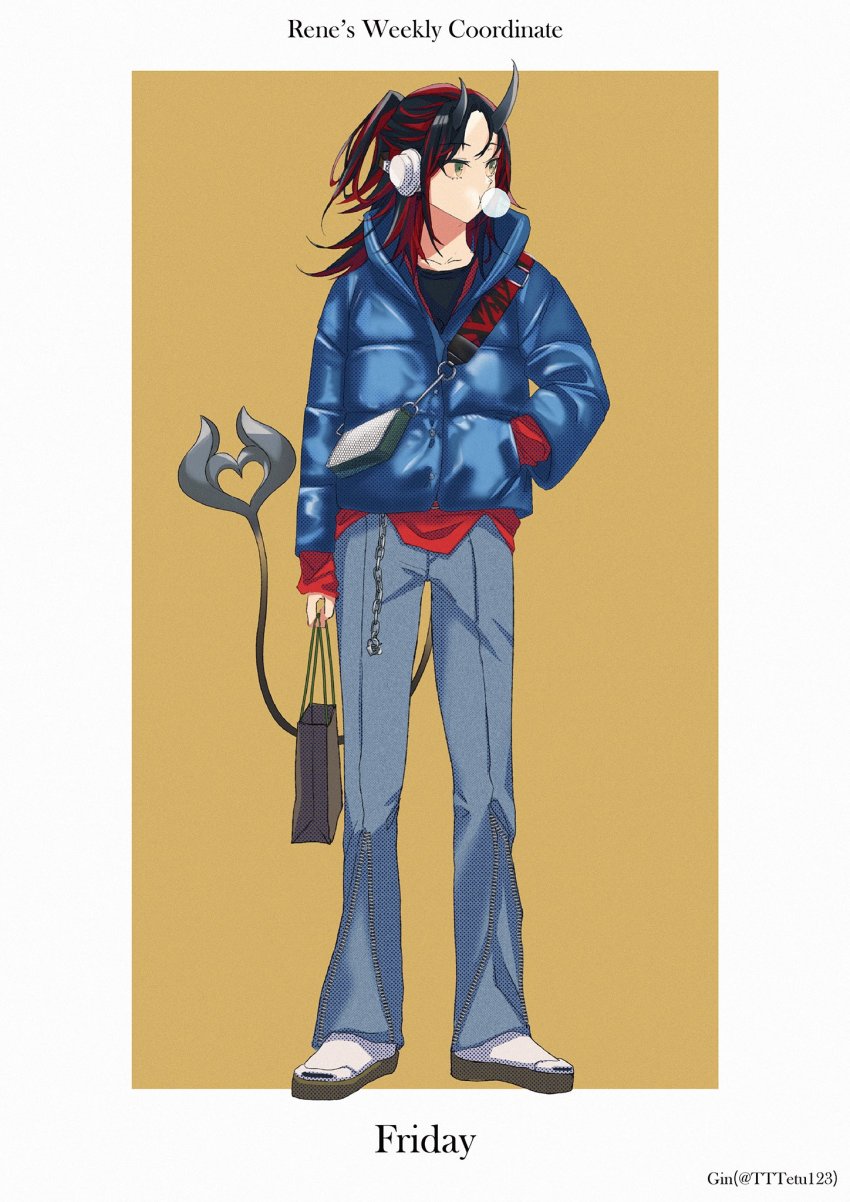1girl alternate_costume alternate_hairstyle bag black_hair black_shirt blowing_bubble_gum blowing_bubbles blue_jacket blue_pants chain chewing_gum commentary demon_girl demon_horns demon_tail english_text full_body gin_(tttetu123) green_eyes hand_in_pocket headphones highres holding holding_bag horns jacket long_hair long_sleeves looking_afar multicolored_hair nanashi_inc. pants paper_bag ponytail red_hair ryugasaki_rene shirt simple_background solo sugar_lyric tail two-tone_background two-tone_hair virtual_youtuber white_background yellow_background