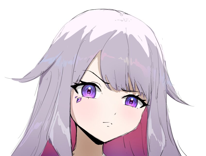 1girl closed_mouth colored_inner_hair daydarion gem gradient_hair grey_hair highres hololive hololive_english jewel_under_eye koseki_bijou long_hair looking_at_viewer multicolored_hair pink_hair purple_eyes purple_gemstone raised_eyebrow simple_background solo virtual_youtuber white_background