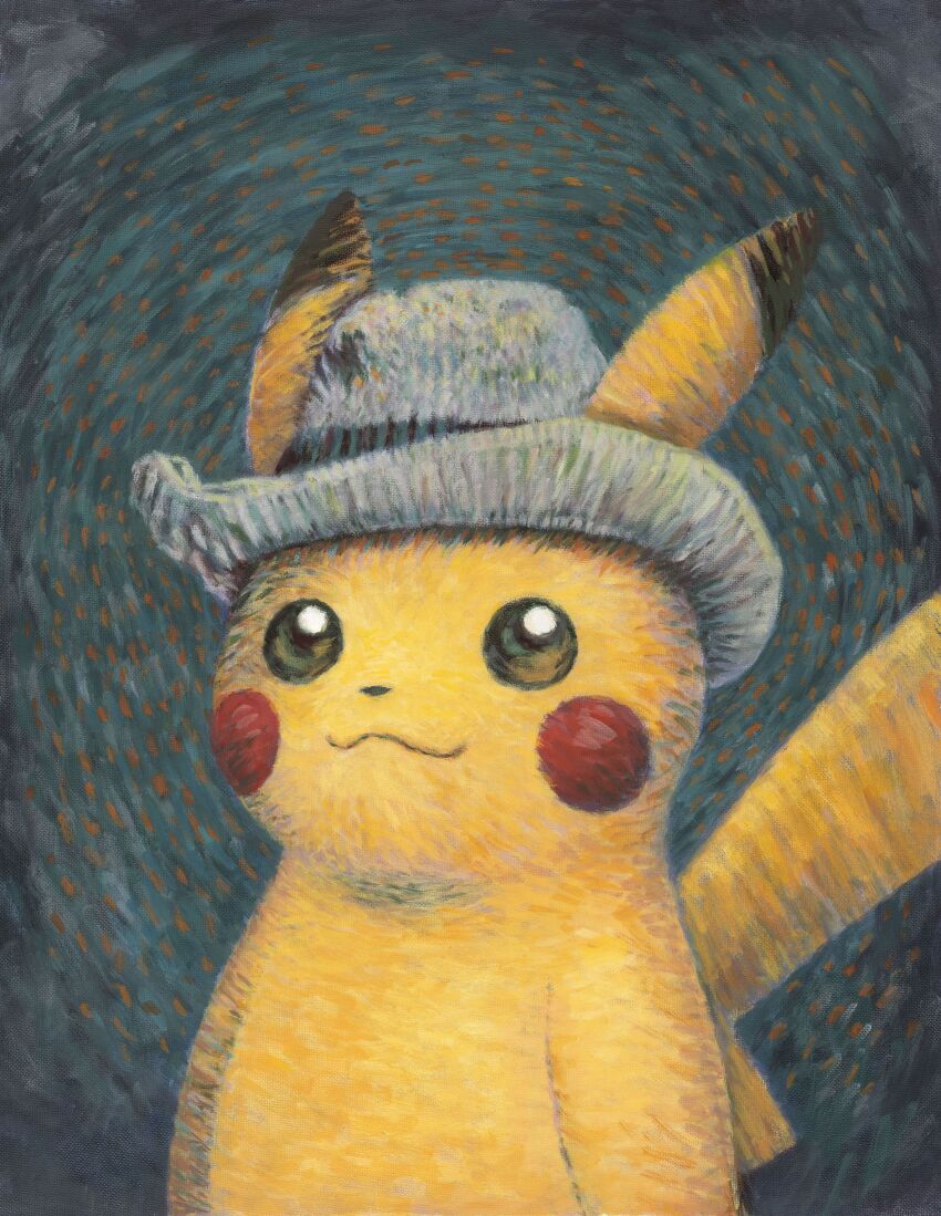 absurdres blue_background commentary dutch_commentary english_commentary fine_art_parody gen_1_pokemon green_background grey_hat hat highres kimura_naoyo looking_at_viewer mixed-language_commentary nintendo no_humans official_art painting_(medium) parody pikachu pokemon pokemon_(creature) portrait self-portrait_with_grey_felt_hat solo style_parody traditional_media vincent_van_gogh_(style)