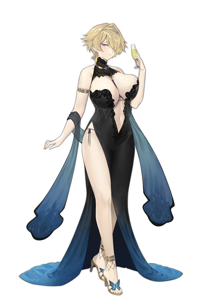1girl absurdres alternate_costume bare_shoulders black_dress blonde_hair breasts cleavage closed_mouth collarbone commentary cup dress earrings english_commentary ever_frost full_body girls&#039;_frontline girls&#039;_frontline_2:_exilium gold_armlet gold_shoes hair_between_eyes hair_intakes hair_over_one_eye high_heels highres holding holding_cup jewelry large_breasts legs looking_at_viewer mole mole_on_breast navel nikketa_(girls&#039;_frontline_2) panties panty_straps shoes short_hair side-tie_panties side_slit sidelocks simple_background skindentation smile solo standing thighs toenails toes underwear vsk-94_(girls&#039;_frontline) vsk-94_(night_on_the_silver_bay)_(girls&#039;_frontline) white_background