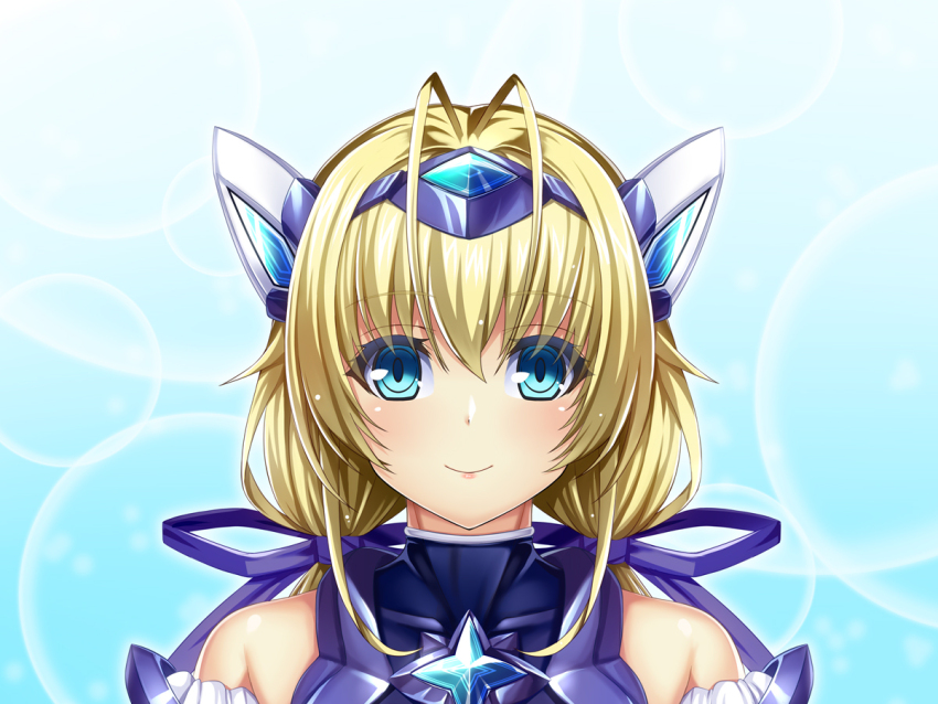 1girl antenna_hair bare_shoulders blonde_hair blue_background blue_eyes exs-tia_spica gem hair_ribbon headgear katsuragi_shiori kouyoku_senki_exs-tia kozu_rokuta long_hair looking_at_viewer low_twintails purple_ribbon ribbon smile solo star_(symbol) twintails