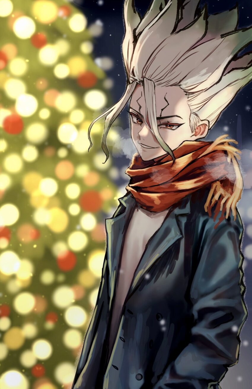 1boy christmas christmas_tree coat dr._stone gradient_hair green_hair grey_hair highres ishigami_senkuu jacket long_sleeves looking_at_viewer male_focus multicolored_hair night open_clothes open_jacket red_eyes red_scarf scarf sei_yaaa smile solo spiked_hair two-tone_hair upper_body white_hair