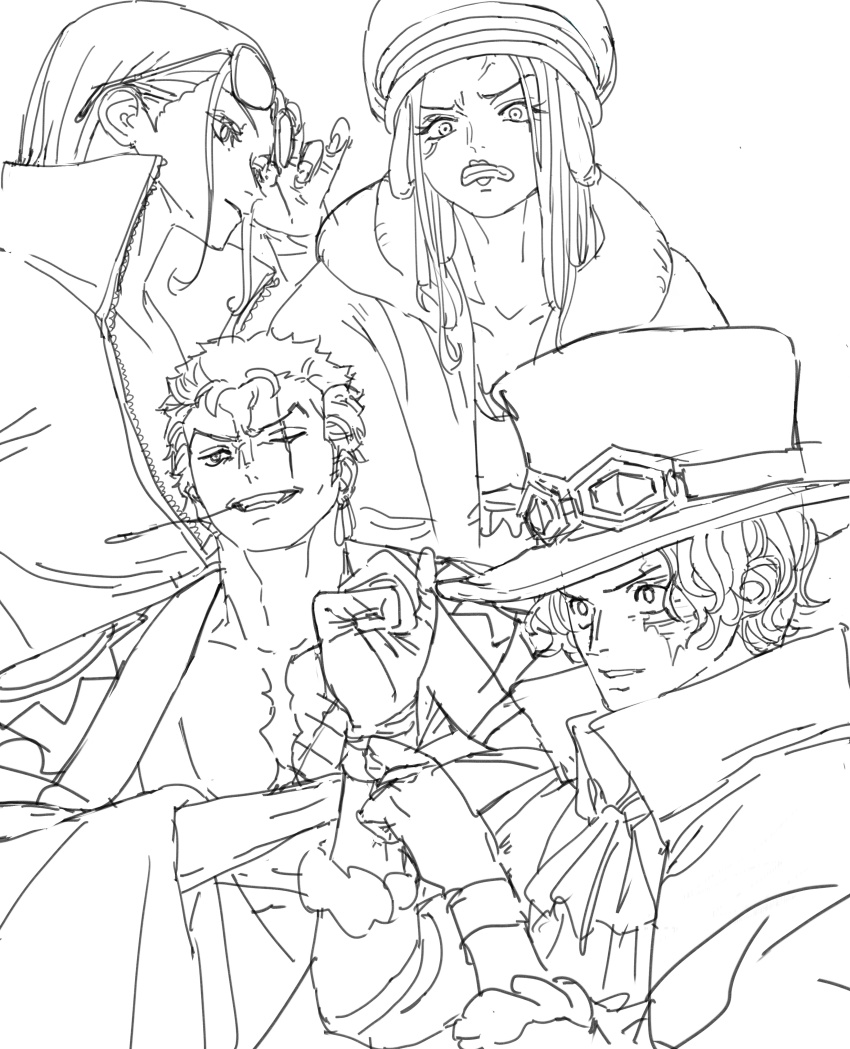 2boys 2girls absurdres anti-eyebrow_piercing black_hair clenched_teeth earrings eyewear_on_head gloves goggles goggles_on_headwear hair_slicked_back hat high_collar highres japanese_clothes jewelry jewelry_bonney jxl8080 kimono lineart long_hair multiple_boys multiple_girls nico_robin nico_robin_(return_to_sabaody) one_piece roronoa_zoro sabo_(one_piece) scar scar_across_eye scar_on_face short_hair simple_background stitched_torso stitches teeth