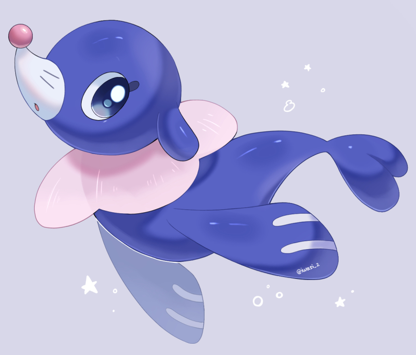 alternate_color animal_focus artist_name blue_eyes commentary_request gen_7_pokemon iwasi_29 nintendo no_humans open_mouth pokemon pokemon_(creature) popplio purple_background sea_lion shiny_pokemon snout tail twitter_username