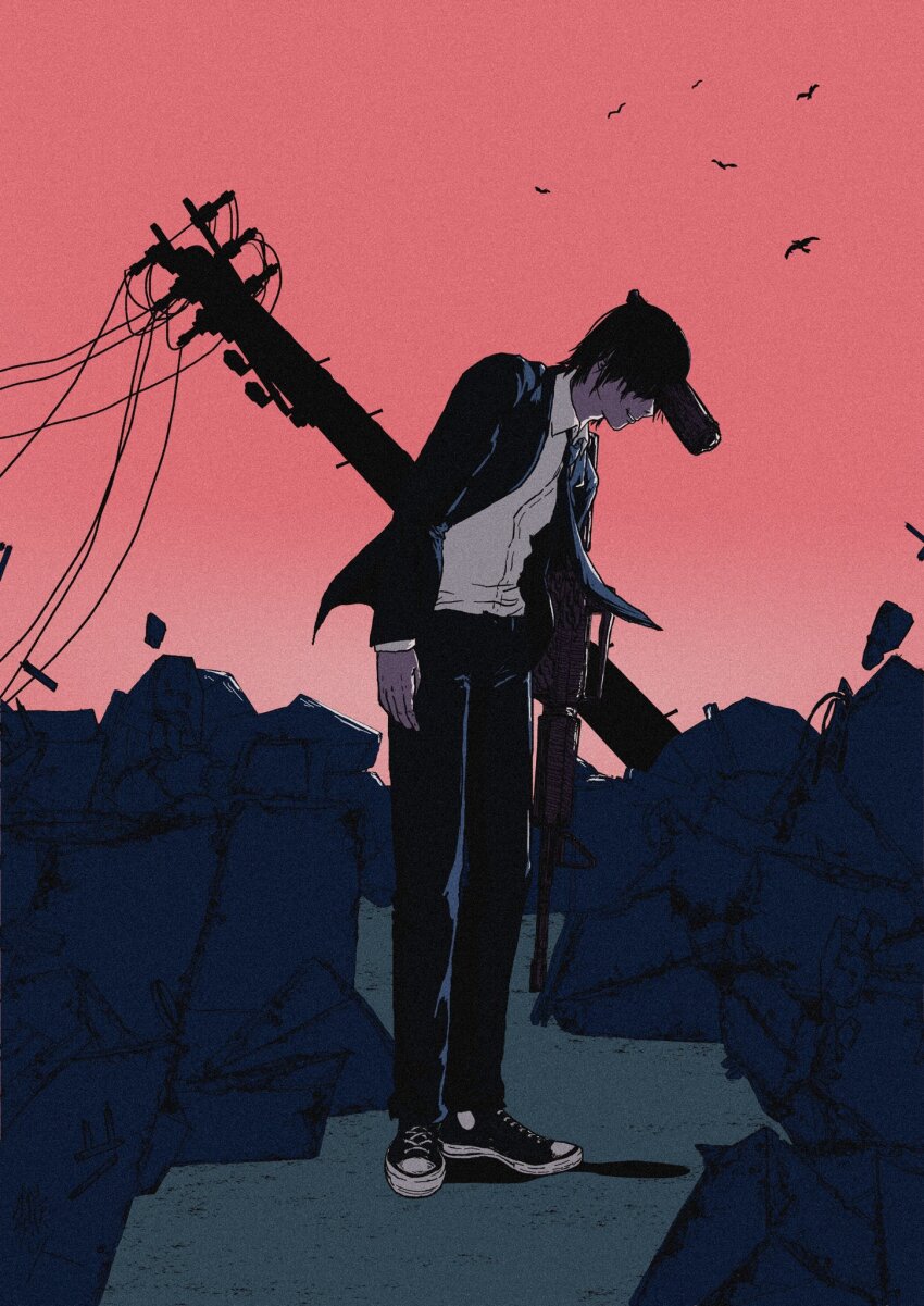 1boy assault_rifle black_hair black_jacket black_necktie black_pants chainsaw_man collared_shirt facing_down film_grain formal_clothes gun gun_devil_(chainsaw_man) handgun hayakawa_aki highres jacket male_focus necktie nenashibito pants parted_lips power_lines rifle ruins shirt shirt_tucked_in short_hair signature smile solo suit suit_jacket utility_pole weapon white_shirt