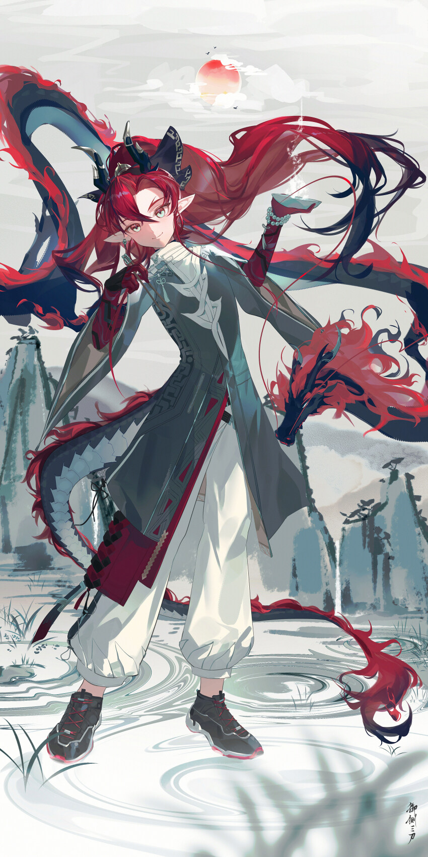 1boy absurdres arknights beads black_hair black_horns black_shoes chinese_commentary chopsticks closed_mouth colored_extremities commentary_request dragon eastern_dragon floating_hair full_body green_eyes grey_background grey_horns hair_between_eyes hair_intakes highres holding holding_chopsticks horns kuruma1892 long_hair male_focus pants pointy_ears red_hair red_sun ripples shoes simple_bird smile sneakers solo standing steam sun tassel white_pants wide_sleeves yu_(arknights) zipper