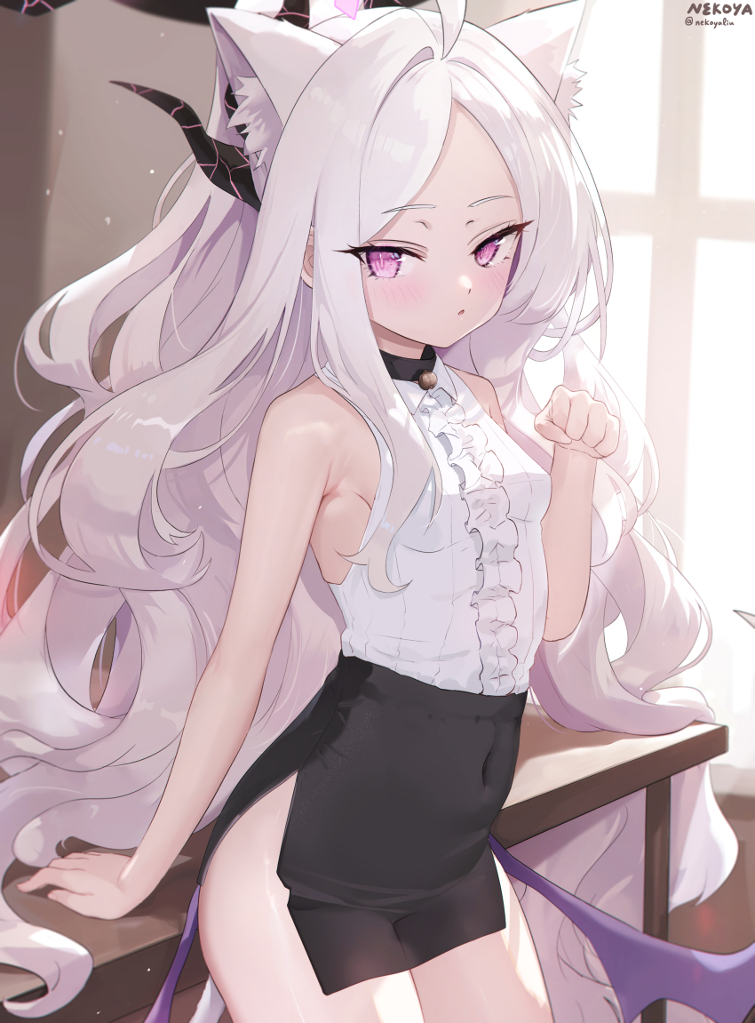 1girl absurdres ahoge animal_ear_fluff animal_ears bare_shoulders bell black_skirt blue_archive blush breasts cat_ears cat_tail collar covered_navel forehead halo highres hina_(blue_archive) horns loli long_hair looking_at_viewer low_wings miniskirt multiple_horns nekoya_(liu) no_panties parted_bangs pencil_skirt purple_eyes shirt skirt sleeveless sleeveless_shirt small_breasts solo table tail thighs very_long_hair wavy_hair white_hair white_shirt wings