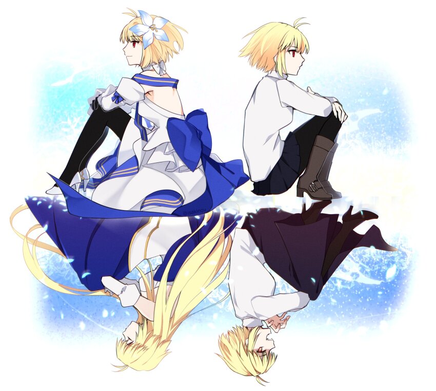 4girls ahoge archetype_earth arcueid_brunestud arcueid_brunestud_(mooncancer) blonde_hair blue_ribbon boots brown_boots closed_eyes dark_persona detached_sleeves dress dual_persona expressionless fate/grand_order fate_(series) flower from_side gold_trim hair_flower hair_ornament high_heels highres kaisaki long_hair multiple_girls on_floor pantyhose red_arcueid red_eyes reflection ribbon short_hair sitting smile sukiniyaru tsukihime tsukihime_(remake) very_long_hair yellow_eyes
