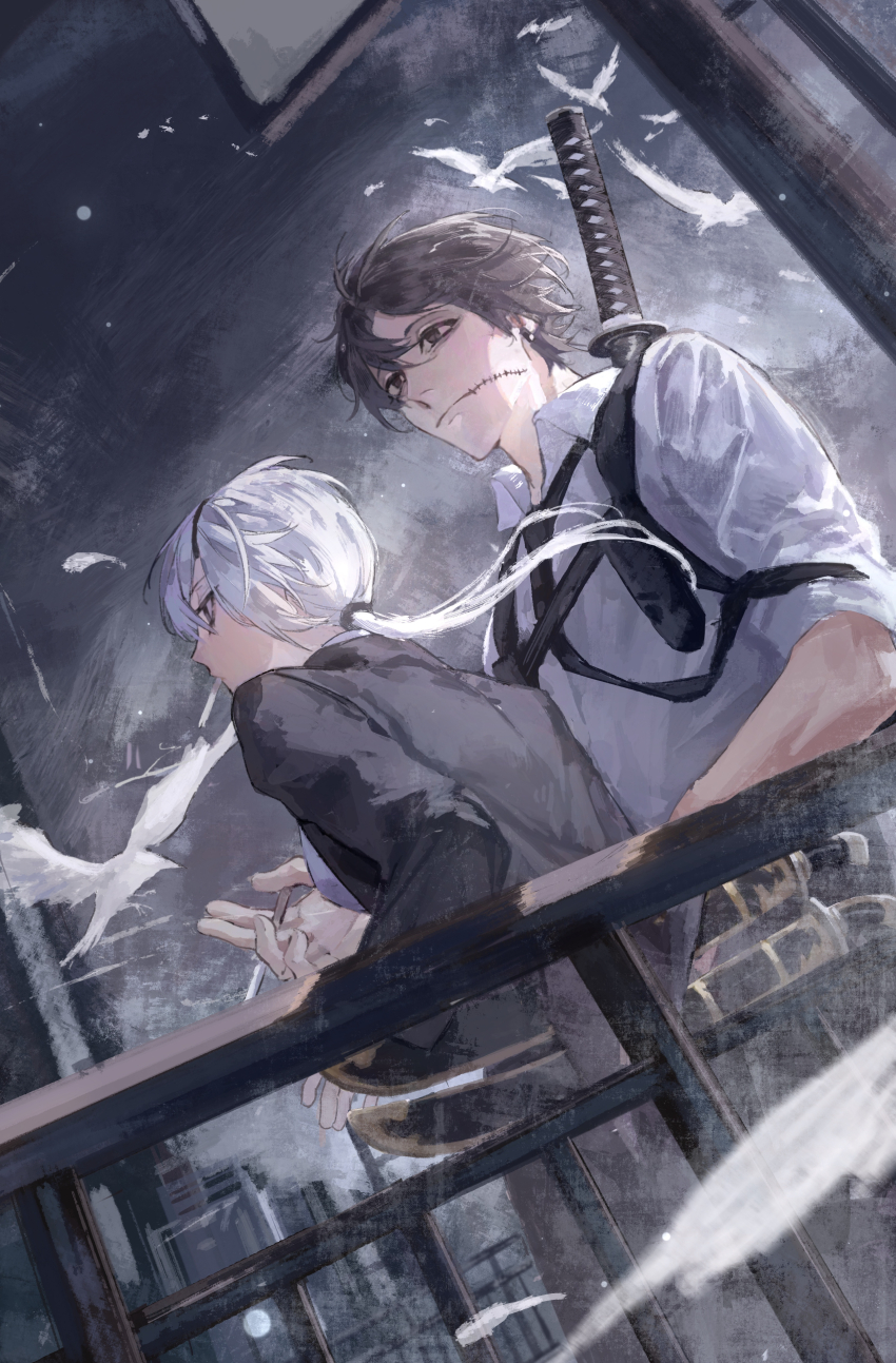 1boy 1girl absurdres against_railing black_hair black_jacket black_necktie black_pants chainsaw_man chest_belt cigarette collared_shirt eyepatch formal_clothes highres holding holding_cigarette jacket katana kishibe_(chainsaw_man) kishibe_(young)_(chainsaw_man) long_hair looking_away looking_to_the_side necktie pants ponytail quanxi_(chainsaw_man) railing shirt shirt_tucked_in short_hair smoking stitched_face stitched_mouth stitches suit suit_jacket sword weapon weapon_on_back white_hair white_shirt zuosha