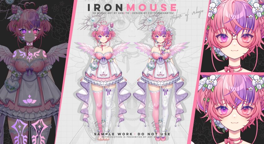 1girl absurdres ahoge alternate_hairstyle angel angel_wings asymmetrical_legwear bow bow_choker breasts choker dress flower frilled_dress frills garter_straps glasses hair_flower hair_ornament hairpin heart heart_ahoge hen-tie heterochromia highres ironmouse ironmouse_(fallen_angel) large_breasts looking_at_viewer multicolored_hair official_art pink-framed_eyewear pink_bow pink_choker pink_dress pink_eyes pink_hair pink_thighhighs purple_eyes purple_hair short_hair smile streaked_hair thighhighs virtual_youtuber vshojo white_garter_straps white_thighhighs wings