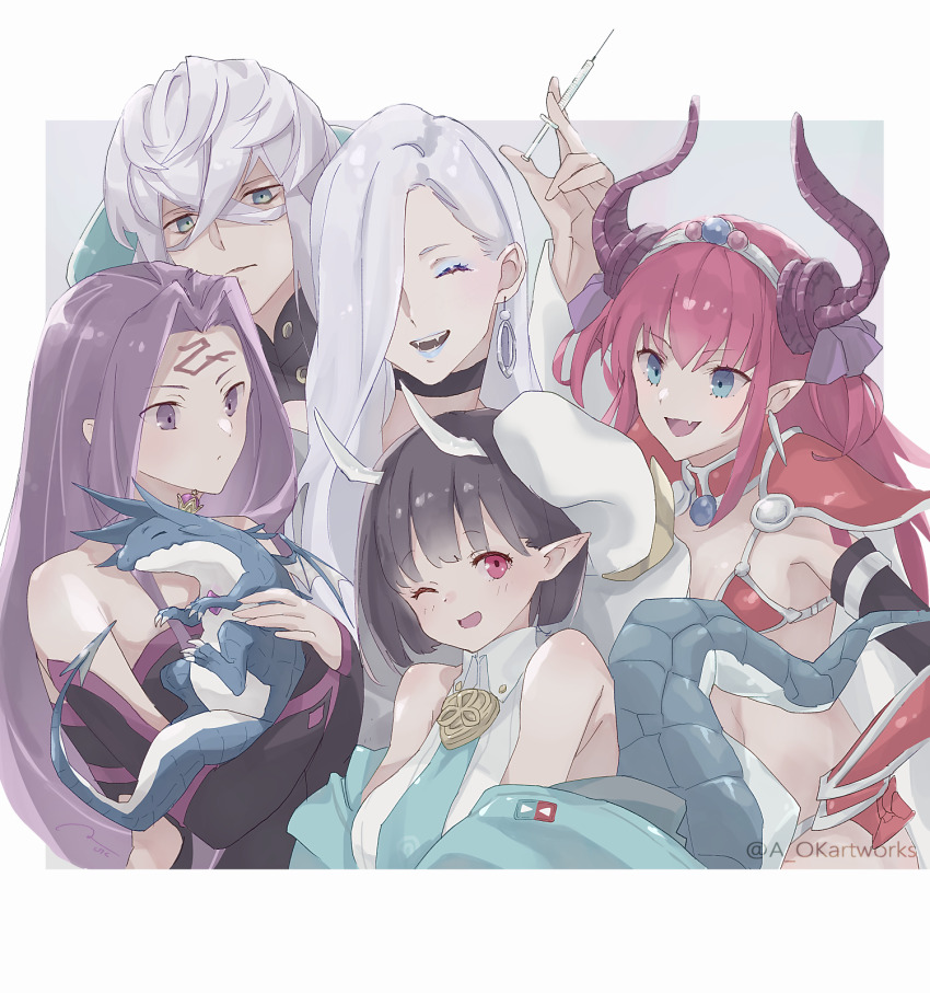 1boy 4girls aopix_001 armor asclepius_(fate) bare_shoulders bikini_armor biscione_(fate) biscione_(second_ascension)_(fate) black_dress black_gloves black_hair blue_eyes blue_lips blush breasts cape choker closed_eyes collar collared_dress crossed_bangs crown curled_horns detached_collar detached_sleeves dragon dragon_girl dragon_horns dragon_tail dress earrings elbow_gloves elizabeth_bathory_(brave)_(fate) elizabeth_bathory_(fate) eyeliner facial_mark fate/grand_order fate_(series) forehead forehead_mark gauntlets gloves green_eyes green_jacket grey_dress hair_over_one_eye hairband highres hoop_earrings horns jacket jewelry large_breasts long_hair long_sleeves looking_at_viewer makeup medusa_(fate) medusa_(rider)_(fate) mini_crown mrs._snake_(fate) multicolored_hair multiple_girls navel necktie off_shoulder one_eye_closed open_clothes open_mouth parted_bangs pauldrons pink_hair pointy_ears purple_eyes purple_hair red_armor red_eyes short_dress short_hair shoulder_armor sidelocks small_breasts streaked_hair sweater sweater_dress syringe tail very_long_hair white_cape white_dress white_hair white_jacket