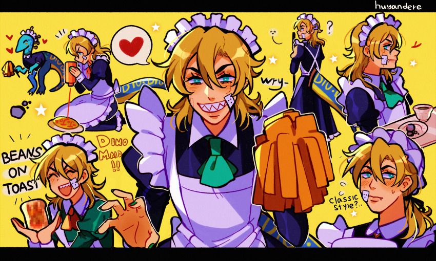 :d ? ^_^ absurdres alternate_costume apron artist_name ascot back_bow bandaid bandaid_on_face blonde_hair blue_dress blush blush_stickers bow bread_slice bright_pupils cleaning closed_eyes closed_mouth cracked_skin crossdressing cup diego_brando dinosaur dinosaur_tail dress duster english_text enmaided fang fang_out film_grain flying_sweatdrops food frilled_apron frilled_skirt frills green_ascot green_eyes green_nails hair_between_eyes hair_ribbon happy hat heart highres holding holding_food holding_tray huyandere jojo_no_kimyou_na_bouken juliet_sleeves ketchup ketchup_bottle kneeling letterboxed long_dress long_sleeves looking_at_viewer maid maid_headdress male_focus medium_hair mob_cap multiple_views nail_polish neck_ribbon notice_lines omelet omurice open_mouth plate ponytail puffy_short_sleeves puffy_sleeves red_ribbon ribbon rock scary_monsters_(stand) sharp_teeth shirt short_sleeves sideways_glance simple_background skirt smile speech_bubble spoken_heart star_(symbol) steel_ball_run sweat tail teacup teeth toast tray victorian_maid white_apron white_pupils white_shirt wing_collar wryyyyyyyyyyyyyyyyyyyy yellow_background