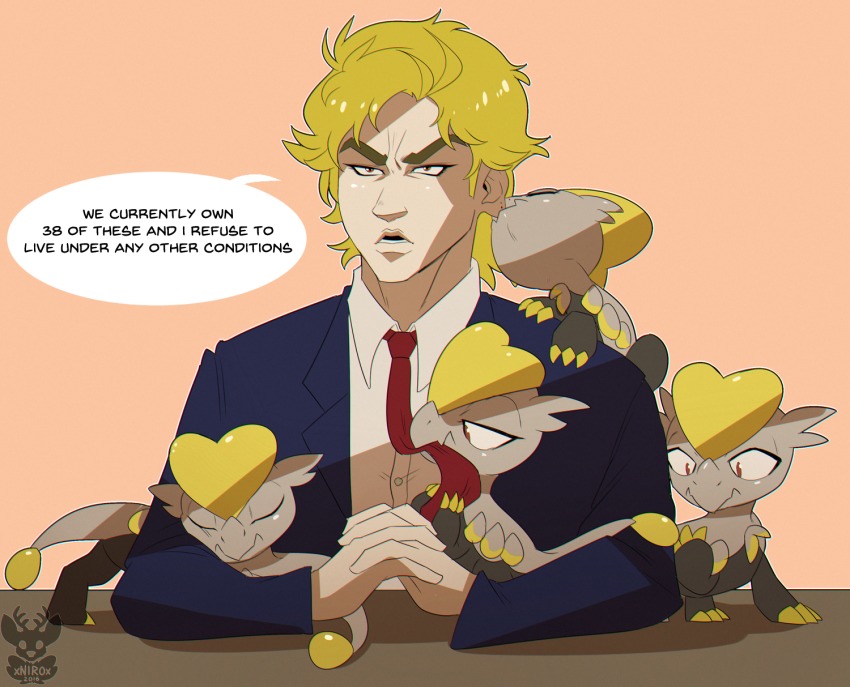 10s 1boy biting biting_ear blonde_hair chromatic_aberration crossover dio_brando english_text eyebrows formal_clothes gen_7_pokemon highres interlocked_fingers jangmo-o jojo_no_kimyou_na_bouken male_focus necktie nintendo pokemon pokemon_(creature) pokemon_sm short_hair speech_bubble suit talking xnirox