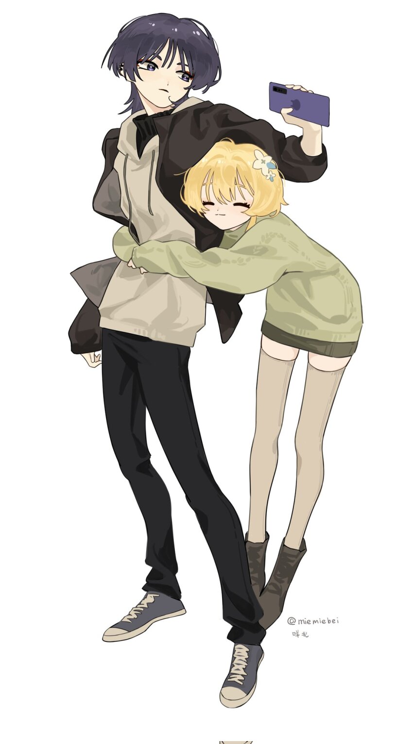 1boy 1girl aran_sweater arm_at_side bent_over black_hair black_jacket black_pants black_shirt black_sleeves black_undershirt blonde_hair blue_flower blunt_ends boots brown_boots cable_knit cellphone closed_eyes closed_mouth drawstring ear_piercing eyelashes eyeliner eyeshadow facing_to_the_side flower genshin_impact green_sweater grey_pupils grey_shoes grey_skirt grey_thighhighs hair_flower hair_ornament hand_up hetero highres holding holding_phone hood hoodie hug hug_from_behind jacket looking_at_another lumine_(genshin_impact) makeup miemiebei miniskirt multicolored_flower open_clothes open_jacket pants parted_lips phone piercing purple_eyes red_eyeliner red_eyeshadow ribbed_collar scaramouche_(genshin_impact) shirt shoes short_hair short_hair_with_long_locks sidelocks skirt split_mouth sweater thighhighs twitter_username white_background white_flower white_hoodie wispy_bangs