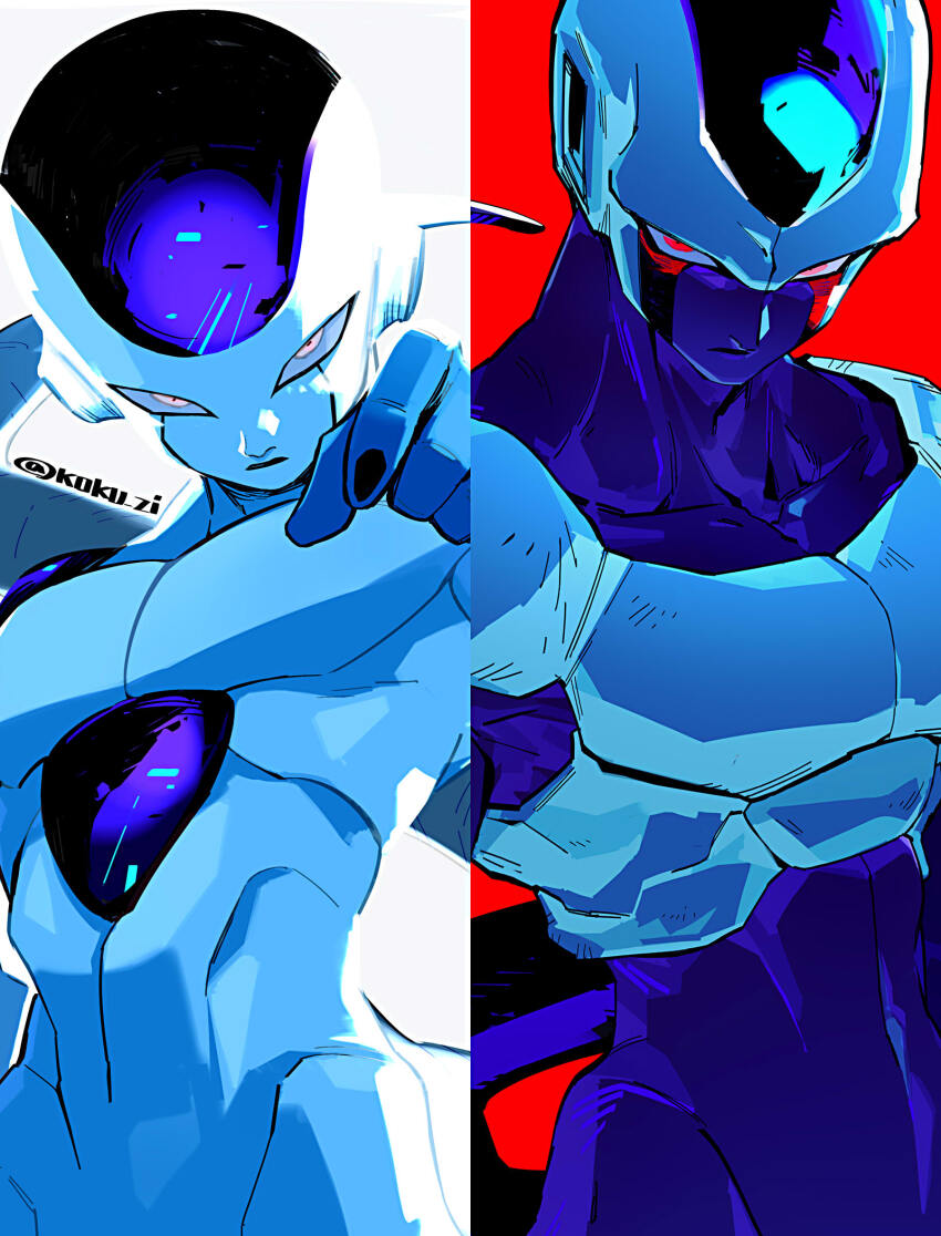 2boys black_nails brothers colored_skin cooler_(dragon_ball) dragon_ball dragonball_z final_form_frieza frieza glaring highres kokusoji looking_at_viewer multiple_boys purple_skin red_background red_eyes siblings tail upper_body white_skin