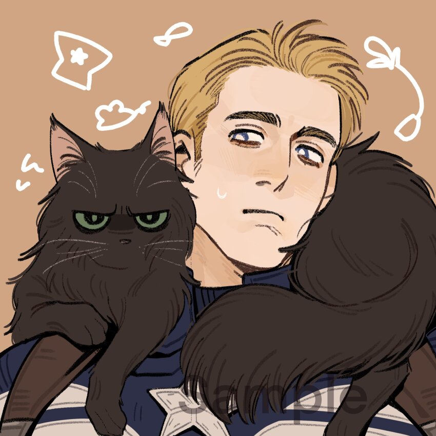 1boy animal animal_ears animal_nose animal_on_shoulder animalization black_cat black_fur blonde_hair blue_bodysuit blue_eyes bodysuit brown_background bucky_barnes captain_america captain_america:_the_winter_soldier captain_america_(series) cat cat_ears cat_tail closed_mouth commentary_request green_eyes half-closed_eyes highres looking_at_animal looking_at_another marvel marvel_cinematic_universe sample_watermark short_hair simple_background star_(symbol) steve_rogers superhero_costume sweatdrop tail upper_body watermark yiqianbixin