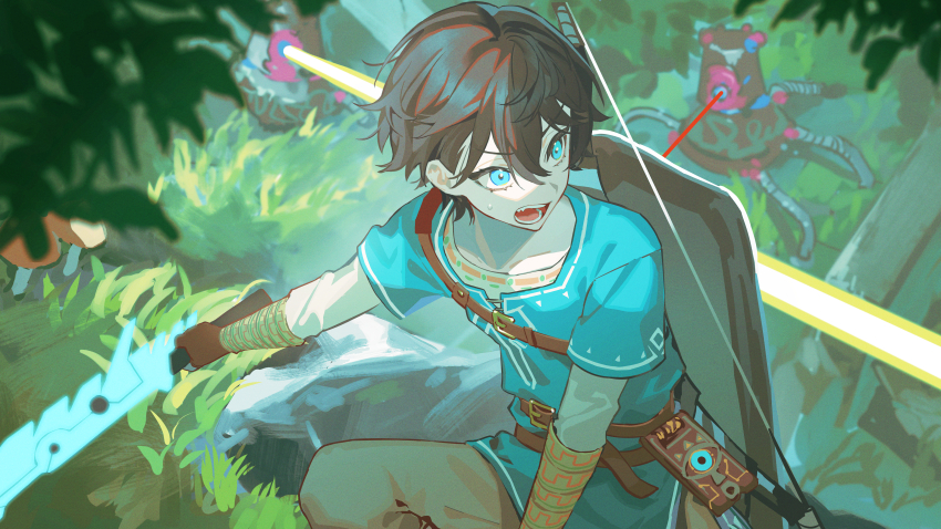 1boy absurdres axia_krone black_hair blue_eyes blue_tunic brown_gloves brown_pants champion&#039;s_tunic_(zelda) commentary_request cosplay energy_sword gloves grass guardian_(zelda) highres holding holding_sword holding_weapon laser link link_(cosplay) looking_back looking_to_the_side male_focus nijisanji nintendo open_mouth outdoors pants rock sheikah_slate shield shield_on_back shirt short_hair shouting solo squatting sword the_legend_of_zelda the_legend_of_zelda:_breath_of_the_wild torino_kawazu tree tunic virtual_youtuber weapon white_shirt